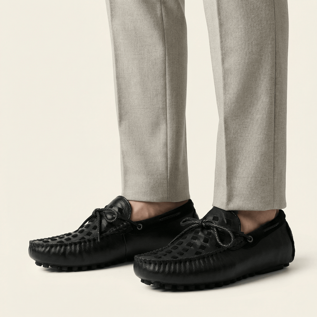 Mocassin à Picots Tressé en Cuir avec Lacets Décoratifs