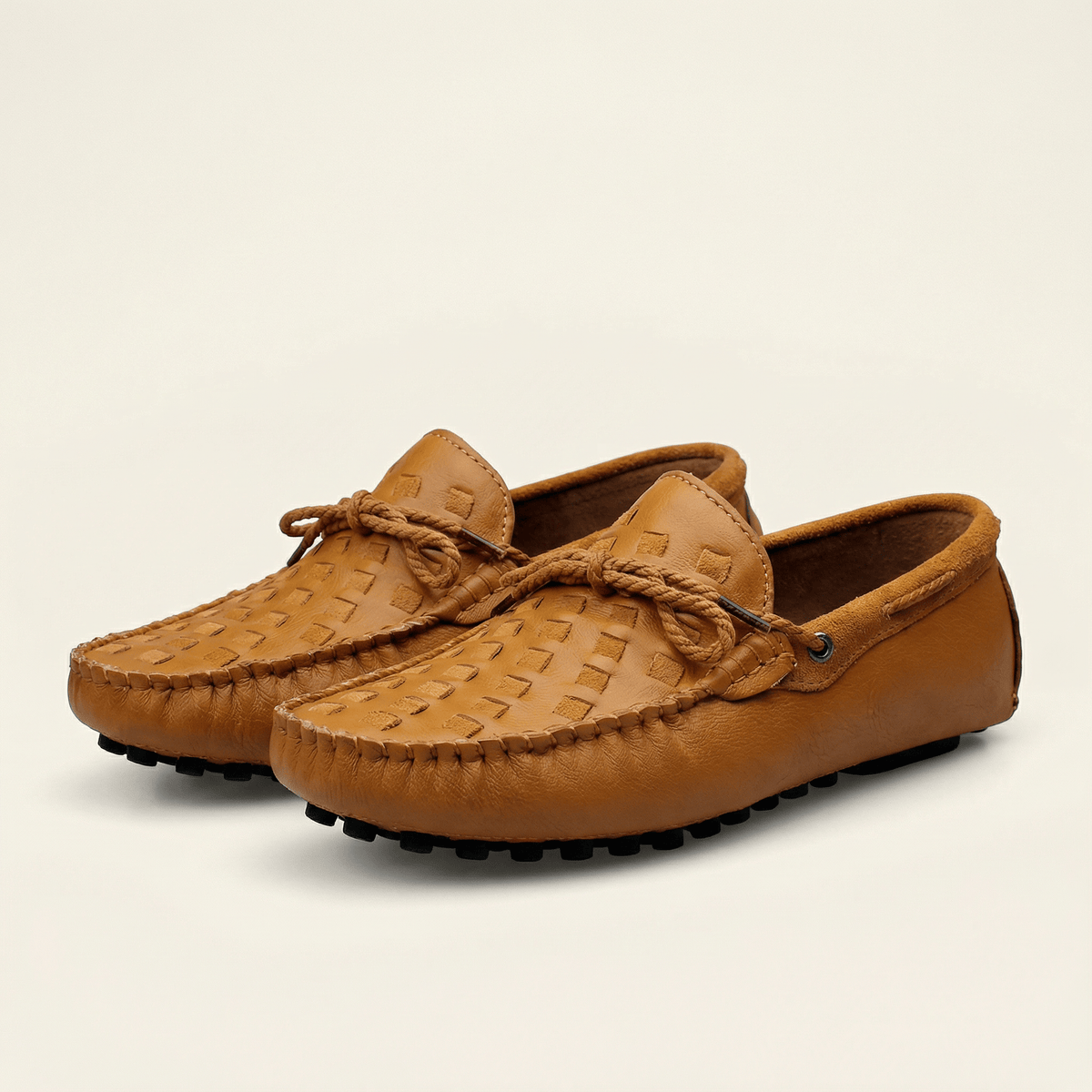 Mocassin à Picots Tressé en Cuir avec Lacets Décoratifs