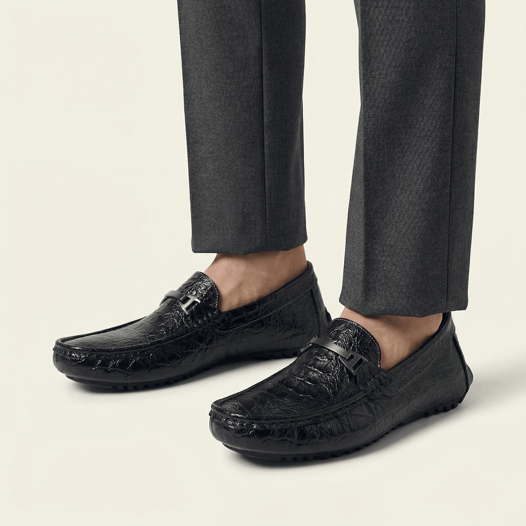 Mocassin Homme en Cuir Embossé Froissé à Boucle Métal