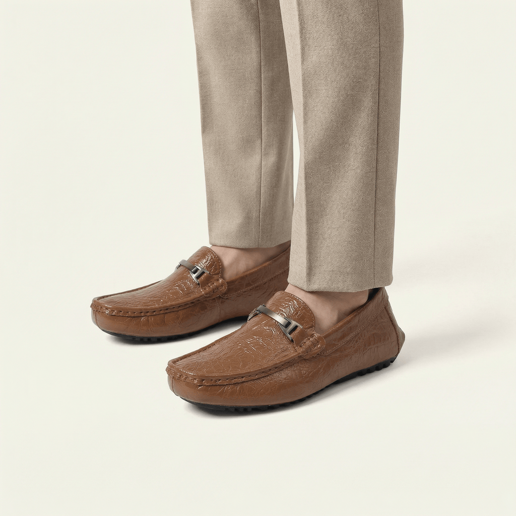 Mocassin Homme en Cuir Embossé Froissé à Boucle Métal