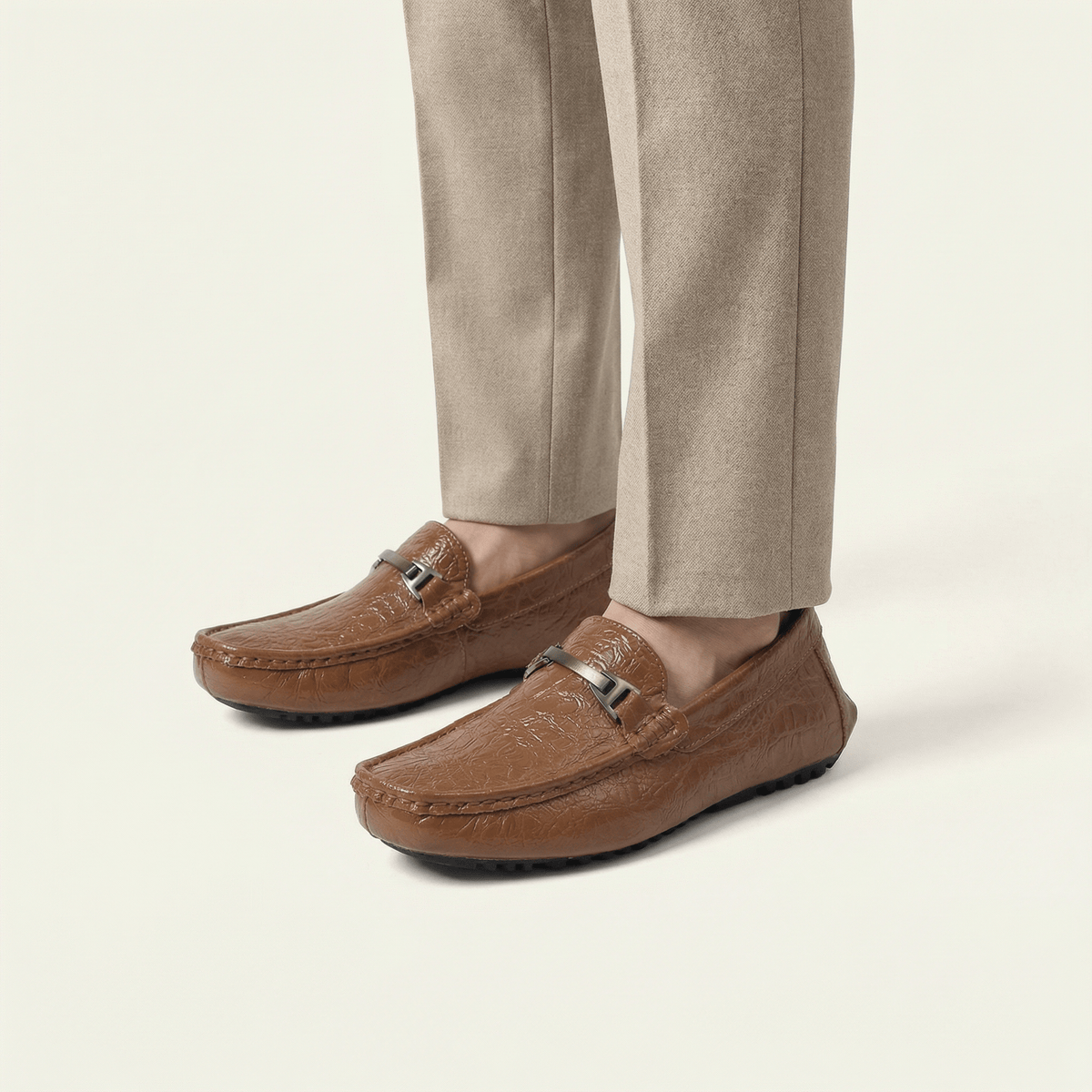 Mocassin Homme en Cuir Embossé Froissé à Boucle Métal