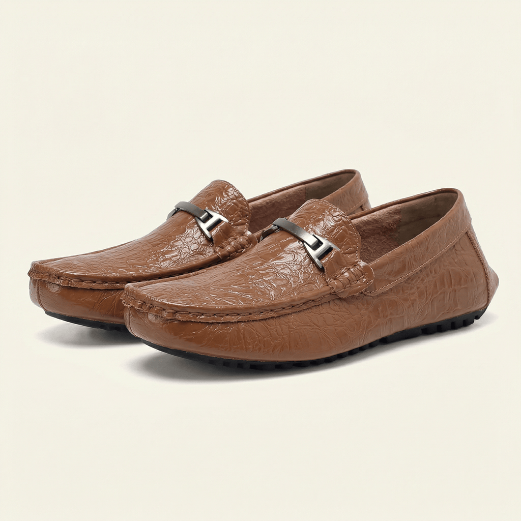 Mocassin Homme en Cuir Embossé Froissé à Boucle Métal