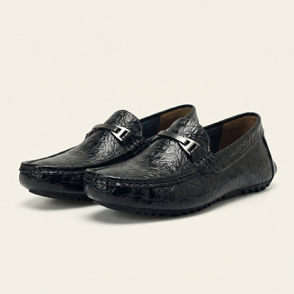 Mocassin Homme en Cuir Embossé Froissé à Boucle Métal